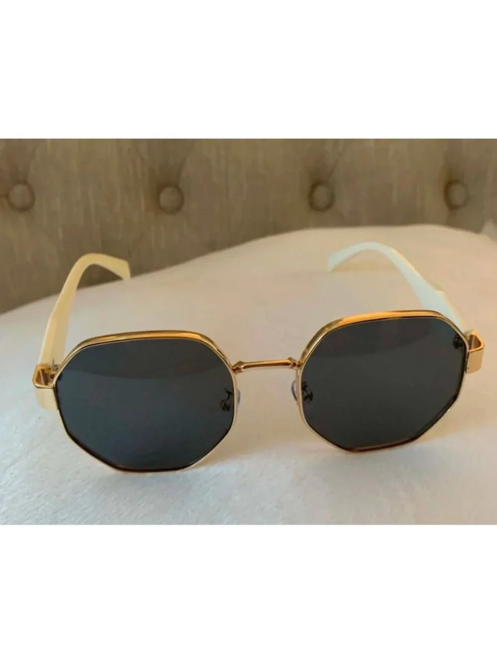 Unisex Octagon Gold Frame Sunglasses With Grey/Black Lenses & Ivory White Arms